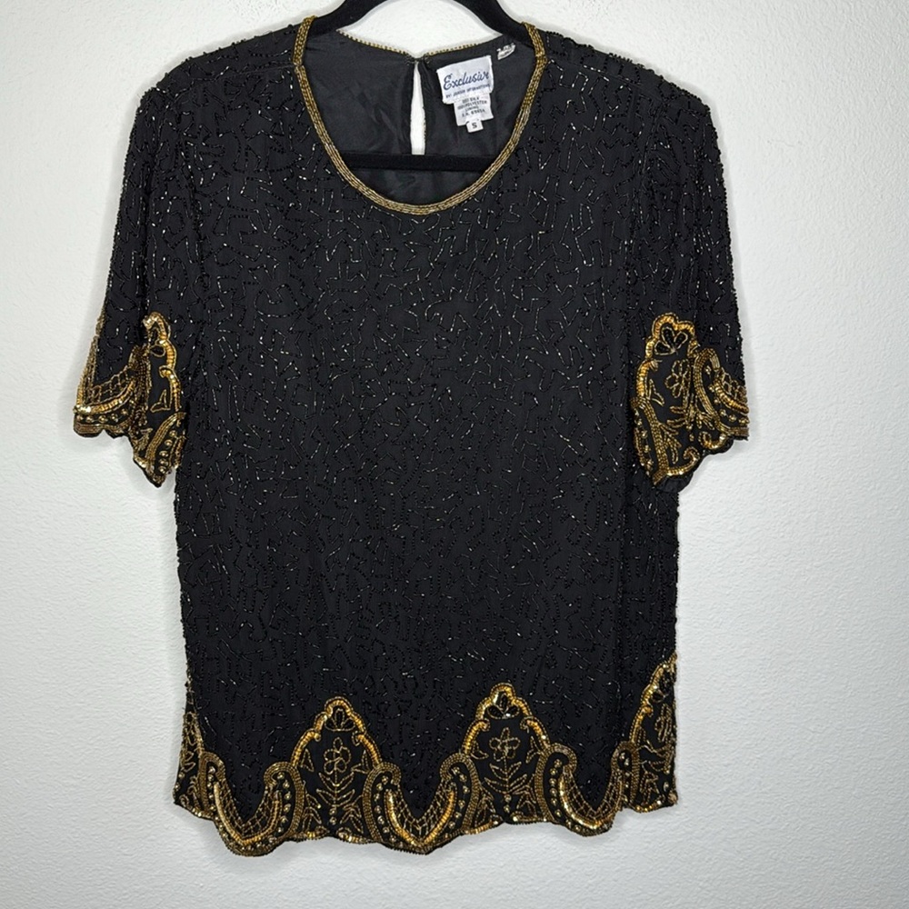 Exclusive Vintage 80’s Black and Gold Beaded 100% Silk Women's Top Size Small - Picture 12 of 12